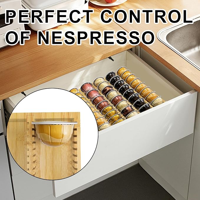 Bamboo Coffee Pod Storage Holder for Drawer Coffee Pods Organizer for Counter, Compatible with Capsules for Kitchen Coffee Station (Bamboo)