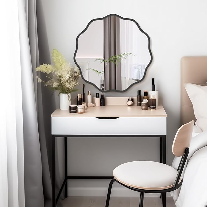 WallBeyond Round Wavy Mirror for Wall Decorative 24 inch, Modern Round Mirror Aluminum Frame for Bathroom Bedroom Living Room Home House Office Entryway, Black