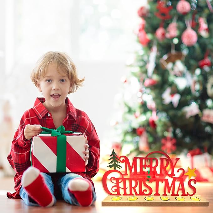 Merry Christmas Metal Sign Rustic Table Decorations with Wooden Base, Tiered Tray Decor with 18pcs Tealights, Table Centerpieces Metal Word Sign for Xmas Party Home Indoor Office Tabletop Mantel Shelf