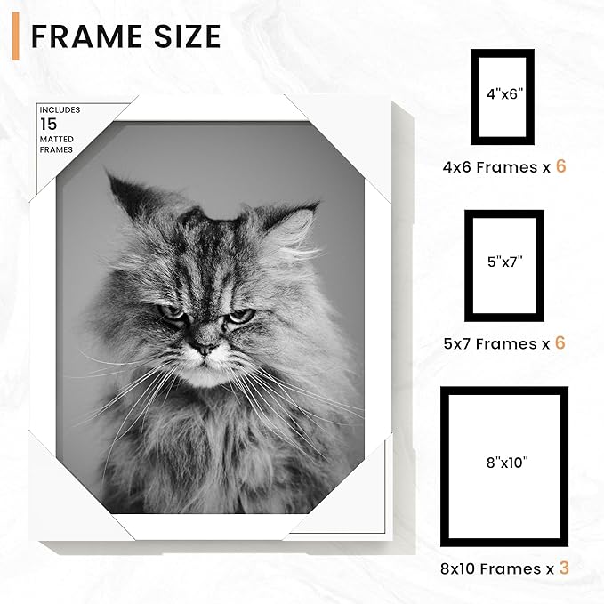 15 Pack Picture Frames Collage Wall Decor, Gallery Frame Set for Wall Mounting or Tabletop Display, Multi Sizes Including 3pcs 8x10, 6pcs 5x7, 6pcs 4x6, White