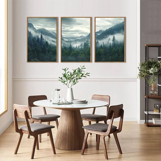 IARTTOP Large Misty Mountain Framed Wall Art 16x24 inch Green Foggy Forest Canvas Wall Decor Modern Pine Trees Nature Landscape Prints for Living Room Bedroom Set of 3