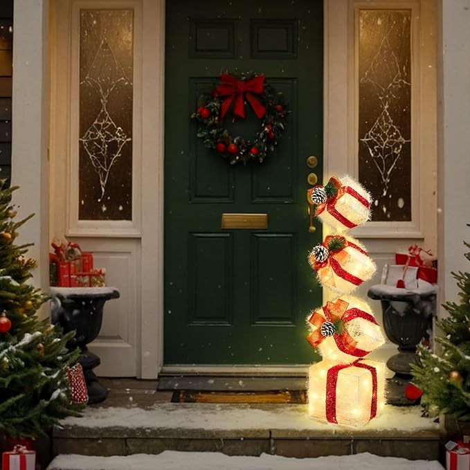 Christmas Lighted Gift Boxes Decorations Set of 4, 3.6Ft Stackable Christmas Nesting Boxes Battery Operated for Home and Party Decoration (10"-8"-6"-5", Red Bow)
