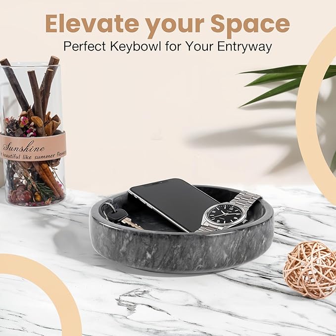 Marble Decorative Bowl - 7.5" Natural Black Solid Marble Centerpiece - Handmade Stone Fruit Bowl - Catch-All or Key Bowl for Kitchen - Modern Minimalist Decor