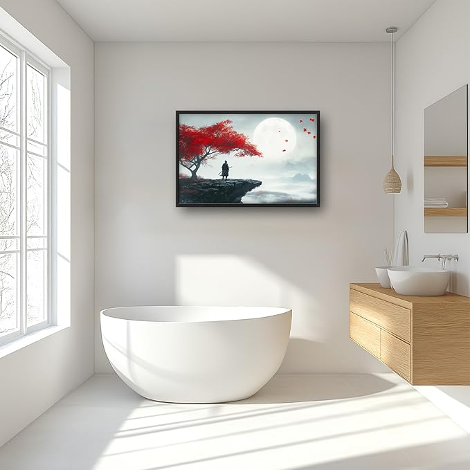 Framed Large Wall Art for Living Room, Japanese Samurai Canvas Wall Decor, Red Tree Pictures Painting, Modern Landscape Artwork for Bedroom Office 36L'' × 24W''