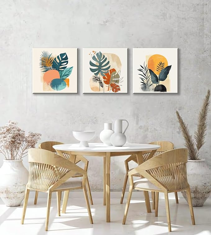 NAN Wind 3 Panels Modern Abstract Tropical Canvas Wall Art Colorful Leaf Prints Contemporary Botanical Art for Living Room Minimalist Plant Decor Geometric Palm & Monstera Leaf Paintings Home Decor