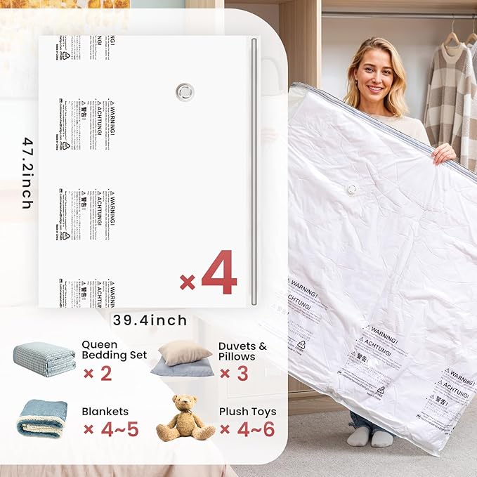 TAILI 4 Pack Vacuum Storage Bags for Comforter and Blankets, XXL Jumbo Vacuum Seal Bags for Bedding (47x39 Inch), Huge Space for Toy, Bedding, Pillows, Save More Closet Space