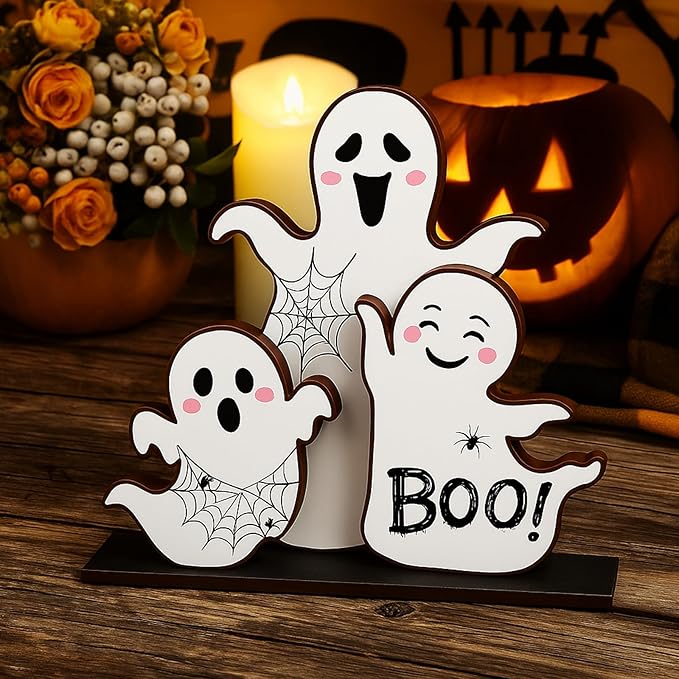 Halloween Ghost Table Decorations Cute Ghost Decor Indoor Halloween Wooden Table Centerpieces Farmhouse Boo Signs Tiered Tray Decor for Party Desk Home Living Room