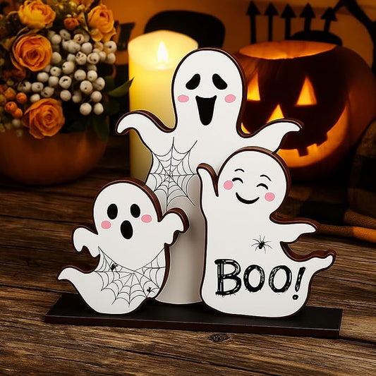 Halloween Ghost Table Decorations Cute Ghost Decor Indoor Halloween Wooden Table Centerpieces Farmhouse Boo Signs Tiered Tray Decor for Party Desk Home Living Room