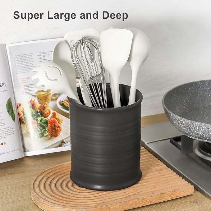 Nihow Kitchen Utensil Holder: 7.2 Inch Extra Large Ceramic Utensil Holder for Countertop - Stable Utensil Crock for Kitchen Counter Decor - Matte Black (1PC)
