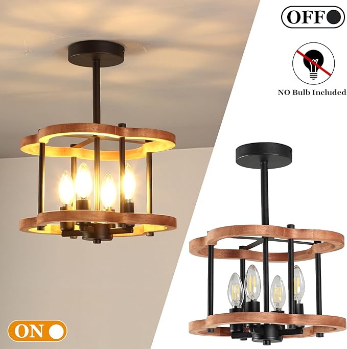 4-Light Rustic Semi Flush Mount Ceiling Light, 13" Farmhouse Wood Close to Ceiling Lighting with Black Metal Industrial Hallway Light Fixtures for Living Room Bedroom Dining Room Foyer Entryway