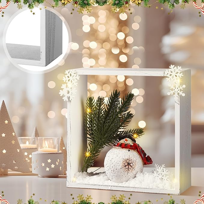 3 Pcs Christmas Wooden Table Decoration Centerpiece Sign Crafts for Farmhouse Desk Coffee Tabletop Fireplace Mantle Bookshelf Tiered Tray Shelf Accents Rustic DIY Ornament(White,Square)