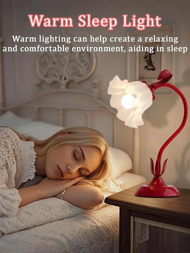 Flower Table Lamp,Bedside Table Lamp for Bedroom LED Reading Light 3 Color Modes,Vintage Flower Lamp Kawaii Table Lamps Desk Living Room Home Decor Mothers Day Birthday Gifts for Mom Women (Red lamp)