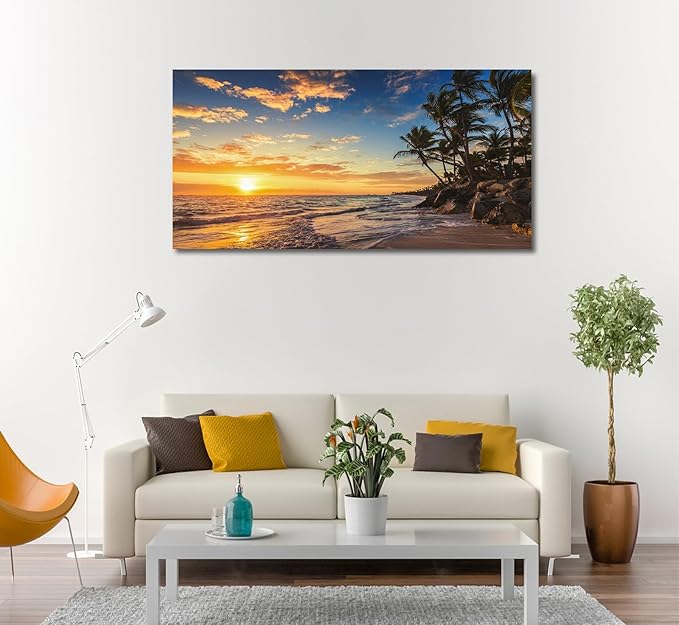 Sunset Beach Canvas Wall Art - Tropical Island Beach Pictures Natural Beauty Scene Wall Decor Coastal Ocean Waves Painting Coconut Trees Canvas Print Artwork Home Office Decoration 20" x 40"