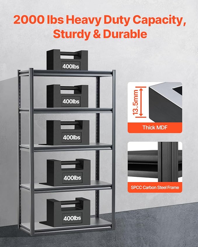 VEVOR Storage Shelves, 2000 lbs, 5 Tier Garage Storage Shelving, 18" D x 40" W x 72" H Adjustable Metal Shelves for Garage Shelves Utility Rack Shelf, Ideal for Kitchen, Warehouse, Basement, Black