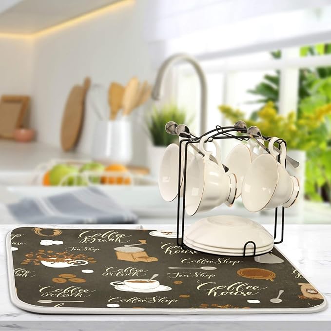 Coffee Beans Dish Drying Mat for Kitchen Counter 16 x 18 Inch Absorbent Microfiber Dry Dishes Mats Drainer Mat Dish Drying Pad for Countertops