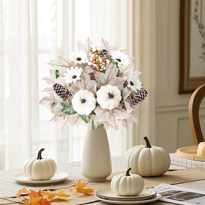 Artmag 2PCS Fall Artificial Flowers Decoration Maple Leaf Stem Pumpkin Branch Sunflower and Berries for Fall Thanksgiving Home Kitchen Festival Decoration (White)