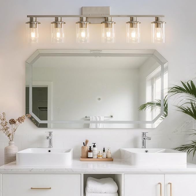 LOUSACE 6 Light Bathroom Vanity Light, Brushed Nickel Bathroom Light Fixtures, Modern Bathroom Lights over Mirror with Clear Glass Shade, Wall Vanity Lighting Fixtures for Bathroom Bedroom Living Room