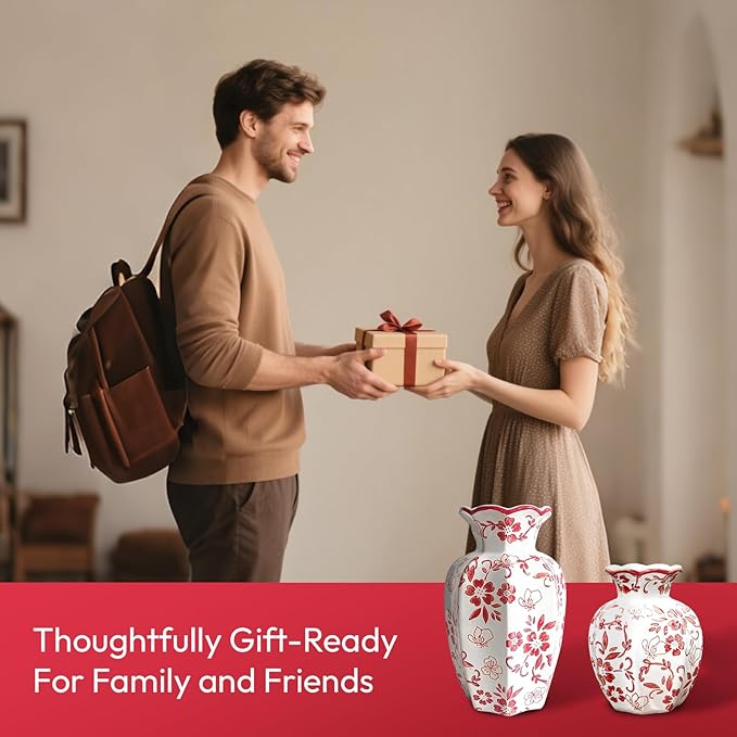 Chinoiserie Vase,Red and White Vase,Vintage Ceramic Vases,Flower Vase for Centerpiece,Chinese Cute Vases for Living Room, Office,Home Decor (Red White, Small)