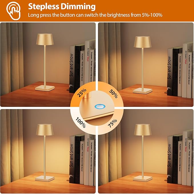 Cordless Table Lamps Rechargeable,Battery 6000mAh LED Portable Lights for Outdoor/Patio/Restaurant/Indoor Desk Lamp - IP54 Waterproof 3 Colors Stepless Dimming (Gold)