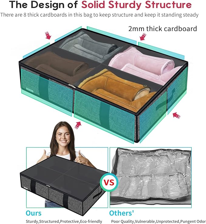 Onlyeasy 2 Pack Under Bed Shoes Storage Bag Organizer (14+4 Pairs), Collapsible Shoe Boot Container with Handles, Underbed Storage Solution for Kids & Adults, 86x60x15cm, Linen-like Black, MXAUBS14S4