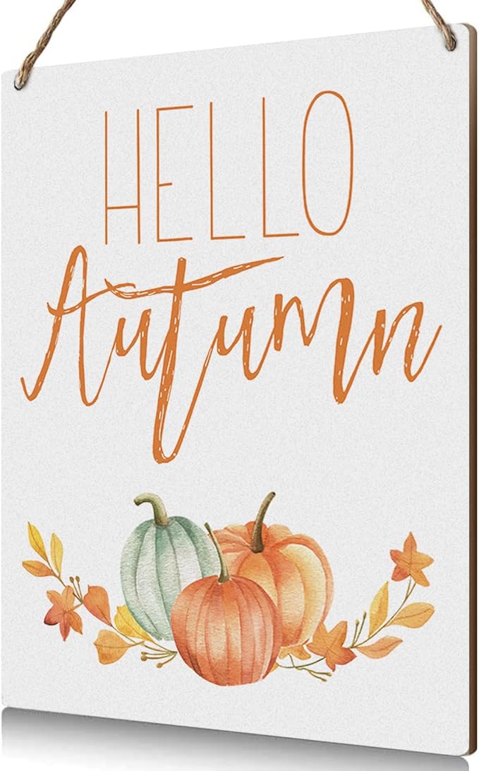Hello Autumn Sign Autumn Thanksgiving Fall Decor Rustic Wood Sign Wall Decor Welcome Fall Quotes for Home Farmhouse Bedroom Bathroom Seasonal Harvest Decorative Wooden Wall Hanging Decor Plaque