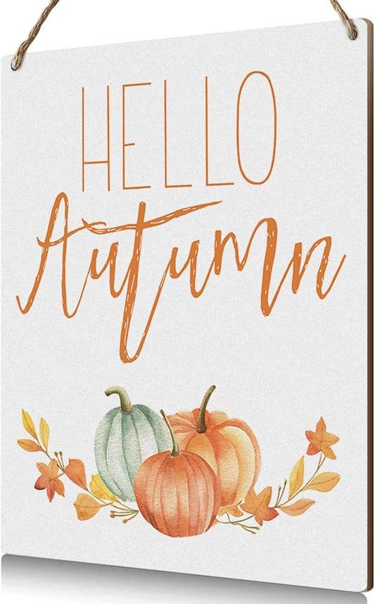 Hello Autumn Sign Autumn Thanksgiving Fall Decor Rustic Wood Sign Wall Decor Welcome Fall Quotes for Home Farmhouse Bedroom Bathroom Seasonal Harvest Decorative Wooden Wall Hanging Decor Plaque