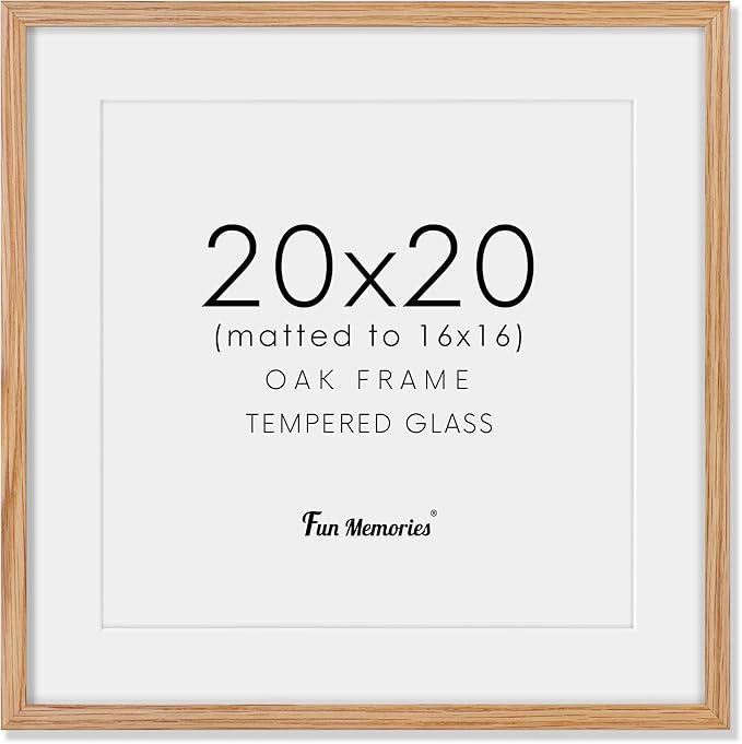 20x20 Picture Frame, Solid Oak Wood 20 by 20 Frame, Square Picture Frame 20 x 20 with mat for 16 x 16, 20x20 Wood Frame for Home Decor, 20 x 20 Poster Frame, Tempered Glass, Natural Oak Color, 1 Pack