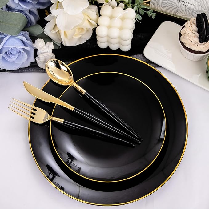 Nervure 100PCS Black and Gold Plastic Plates - 10.25 inch Black Disposable Plates - Gold Rim Dinner Plate - Black Dinner Plate Ideal for Wedding & Party & Halloween