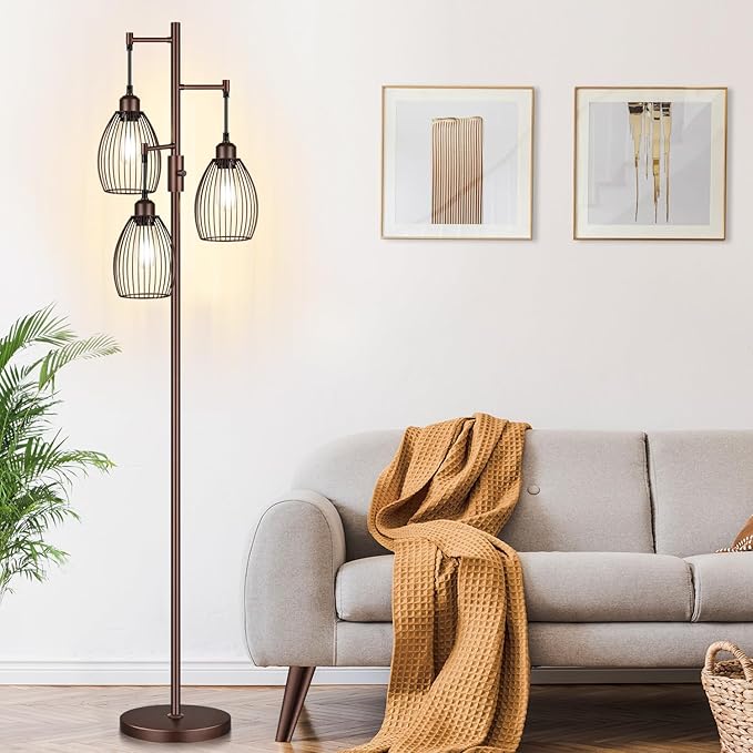Dimmable Farmhouse Industrial Floor Lamp, Matte Brown Tree Standing Tall Lamps with 3 Elegant Teardrop Cage Head & 800 Lumens LED Edison Bulbs for Living Room Bedroom Office Dining Room