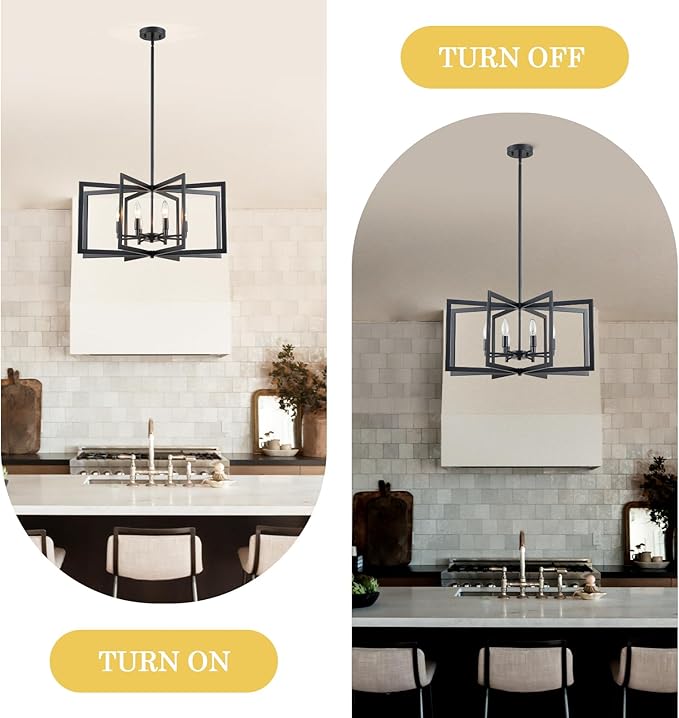 26'' Black Chandelier, Modern Farmhouse 8-Light Pendant Lighting Fixture for Dining Living Room Kitchen Entryway, Geometric Metal Large Adjustable Hanging Chandelier Lamp