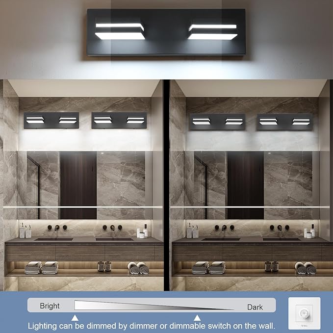 SineRise LED Modern Bathroom Vanity Light Fixtures (2-Light, 15.5-Inch, Dimmable), Matte Black Modern Acrylic Bathroom Wall Lighting Fixtures Over Mirror (Cool White 6000K)