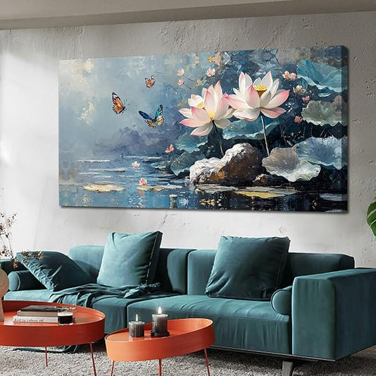 Ardemy Lotus Wall Art for Living Room Butterfly Large Canvas Art Wall Decor Textured Pictures Artwork Bedroom Kitchen Dining Home Office, Large 48"x24"
