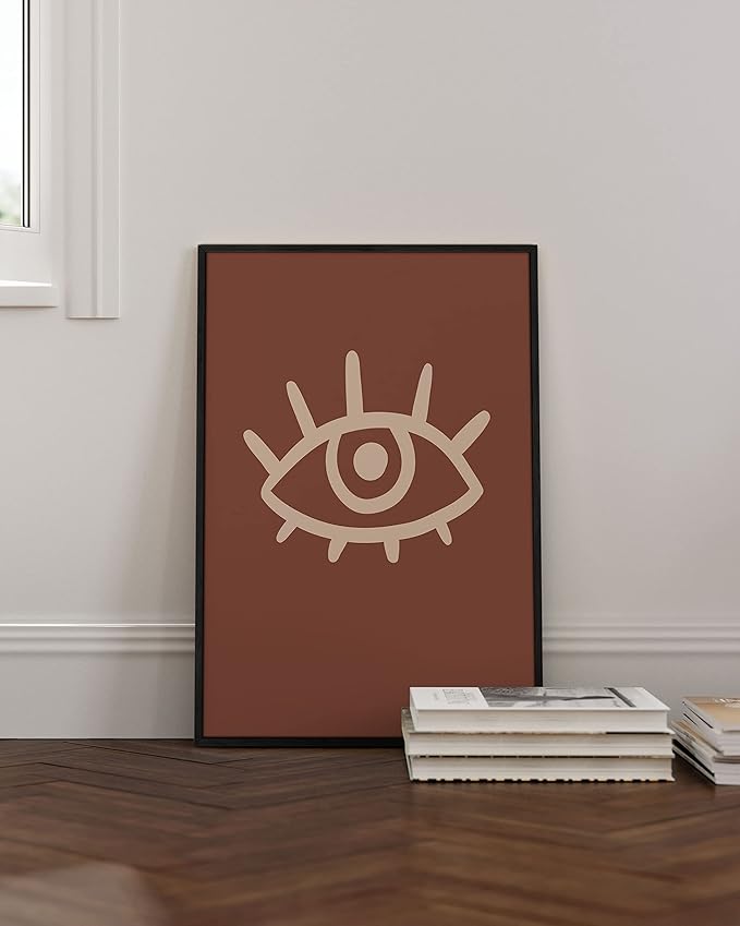 HAUS AND HUES Boho Posters Mid Century Modern Wall Decor - Abstract Art Prints Midcentury Modern Decor Boho Wall Decor Minimalist Dark Clay Eye with Eye Lashes (24x36 Framed Black)