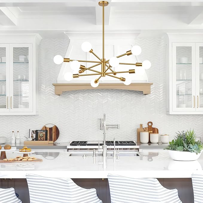 33" Modern Chandelier Ceiling Light Fixture, 12-Light Sputnik Chandeliers Brushed Gold Mid Century Chandelier Over Table, Height Adjustable Chandeliers for Dining Room Living Room Kitchen Island