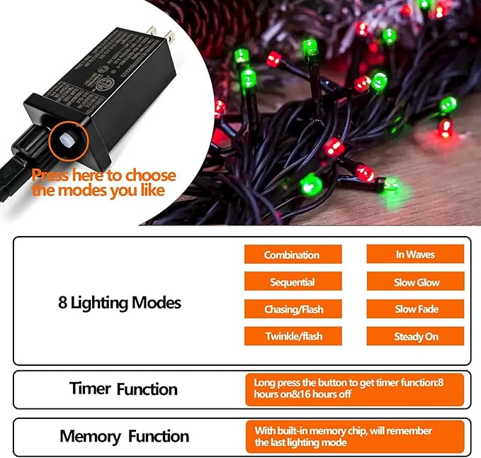75.8 FT 200 LED Red and Green Christmas Lights Indoor Outdoor, Timer & Memory Function & 8 Modes, Extendable Green Wire, Waterproof Fairy Twinkle String Light for Xmas Tree Holiday Party Garden Yard