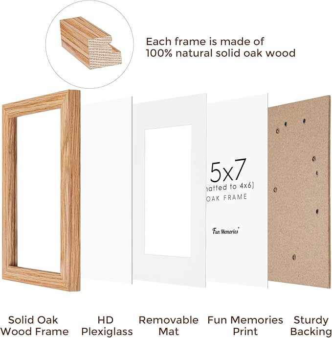 5x7 Picture Frame, Solid Oak Wood 5 x 7 Frame with Plexiglass, 5 by 7 Photo Frame for Wall & Tabletop Display, 5x7 Picture Frame Matted to 4x6, Natural Oak Color, 3 Pack