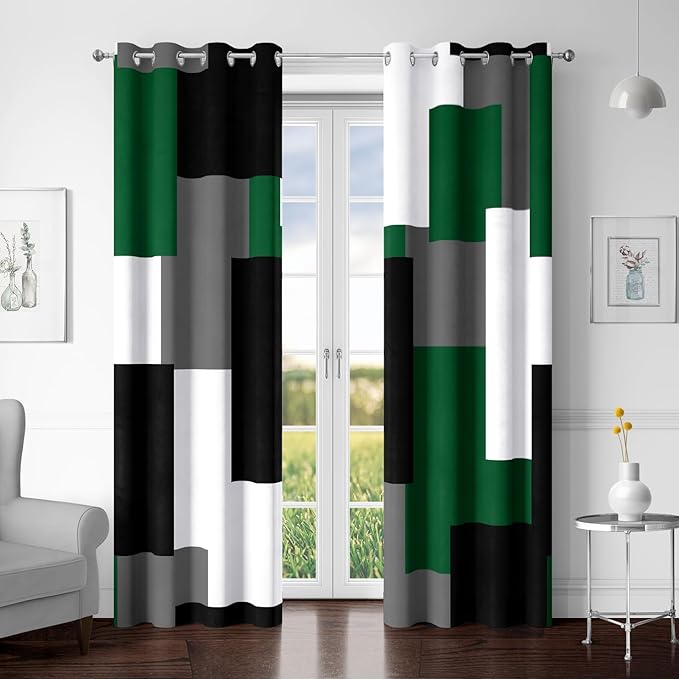 Green 100% Blackout Curtains for Bedroom 72 inch Length 2 Panels Set White Grey Modern Abstract Geometric Black Out Curtains Insulated Room Darkening Window Drapes for Living Room, 52Wx72L