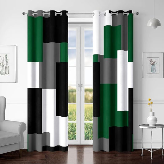 Green 100% Blackout Curtains for Bedroom 72 inch Length 2 Panels Set White Grey Modern Abstract Geometric Black Out Curtains Insulated Room Darkening Window Drapes for Living Room, 52Wx72L