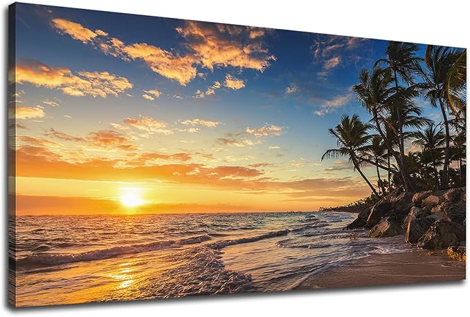 Sunset Beach Canvas Wall Art - Tropical Island Beach Pictures Natural Beauty Scene Wall Decor Coastal Ocean Waves Painting Coconut Trees Canvas Print Artwork Home Office Decoration 20" x 40"