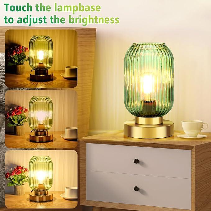 Touch Control Mid Century Modern Table Lamp, 3 Way Dimmable, Green Glass, Small Gold, Vintage Bedside Lamp for Bedroom, Living Room,Office