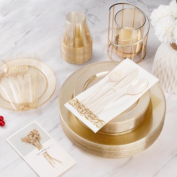 Goodluck 175 Piece Dinnerware Set for 25 Guests, Plastic Plates Disposable for Party, Include: 50 Gold Glitter Plastic Plates, 25 Paper Napkins, 25 Cups, 25 Gold Glitter Plastic Silverware Set