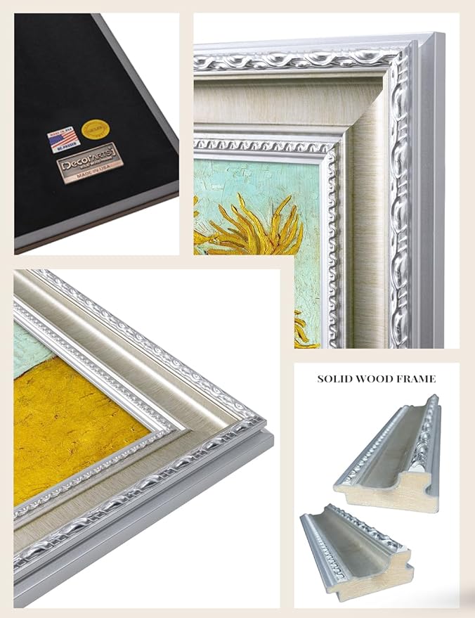 DECORARTS - Twelve Sunflowers by Vincent van Gogh, Museum-Quality Giclee Canvas Print with Silver Solid Wood Frame, 34.75 x 28.75 in, Ready to Hang, Made in USA