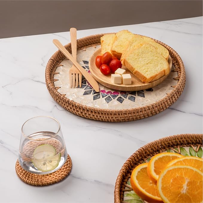 11.8' Wicker Round Rattan Mother of Pearl Serving Basket Tray for Décor Coffee Table | Large Boho Circle Woven Decorative Trays for Outdoor, Home, Kitchen Display (Lozenge)