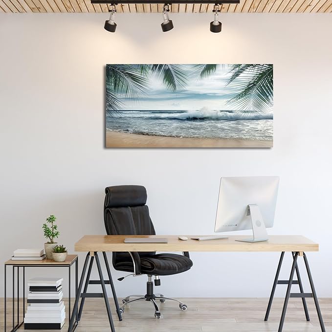arteWOODS Tropical Beach Canvas Wall Art - Ocean Waves Pictures Coastal Oceanic Blue Sky and Sea Print Seaside Palm Tree Leaves Scene Painting Artwork Living Room Bedroom Office Home Decor 20" x 40"