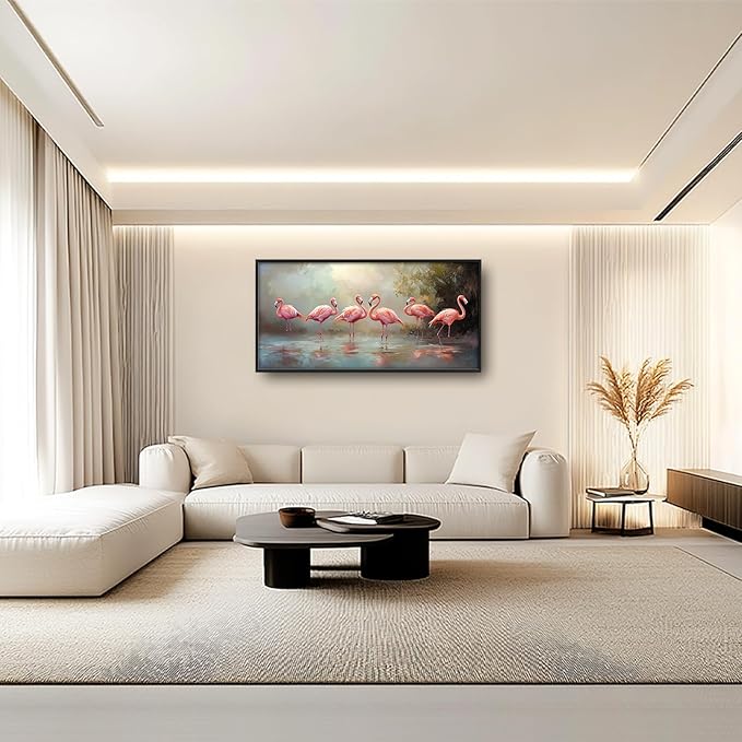 Flamingo Framed Wall Art for Living Room, Large Pink Birds Canvas Wall Decor, Animal Lake Pictures Painting, Modern Artwork for Bathroom Bedroom 60L'' × 30W''