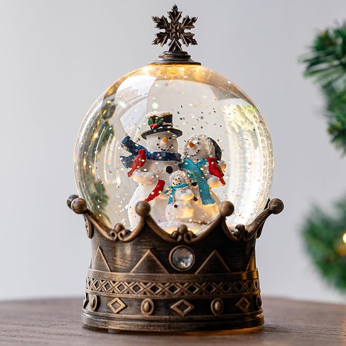 Snow Globe Lighted Christmas Decorations, Snowman Family Musical Crown Snow Globe Lantern with Swirling Glitter, Christmas Holiday Party Gifts and Decorations