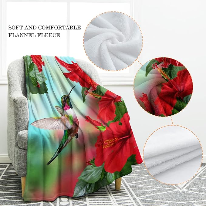 Jekeno Hummingbird Flower Floral Blanket Gifts for Women Girls Wife Mom Mother's Day Valentine's Day Presents Red Flowers Bird Decor for Home Bedroom Soft Cozy Throw Blanket 60"x80"