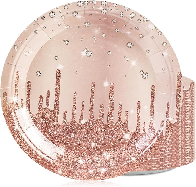 50PCS Rose Glitter Paper Plates - 7inch Pink Gold Diamond Birthday Dessert Plate for Cake Salad Pizza Disposable plates Supplies for Girls Women Mermaid Anniversary Birthday Wedding Theme Party