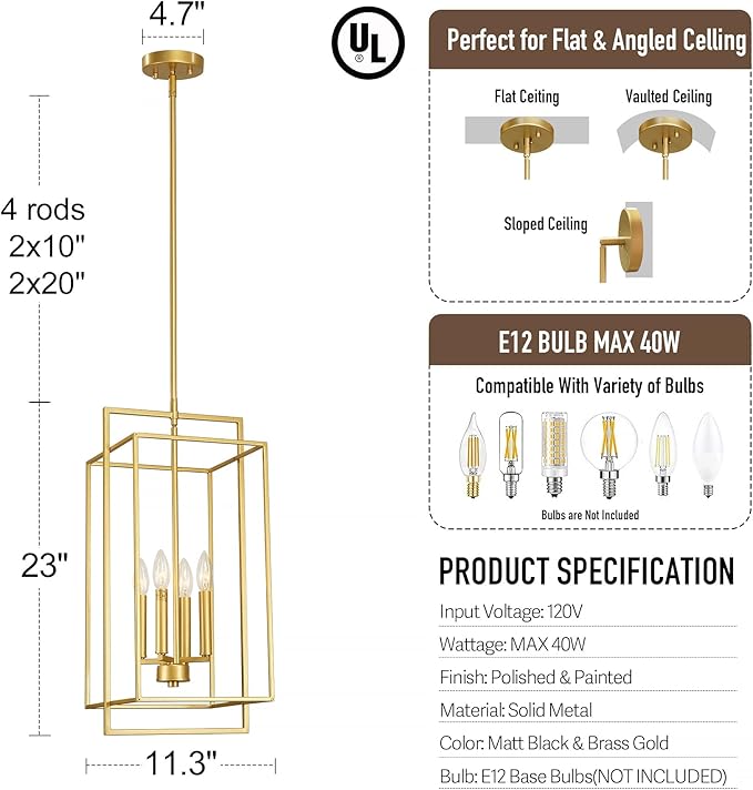 Muted Gold Chandelier Lighting Fixture with Geometric Metal Cage, 4-Light Industrial Pendant for Kitchen Island, Living Dining Room, Home Office (Gold, 24" H - 4 Lights)