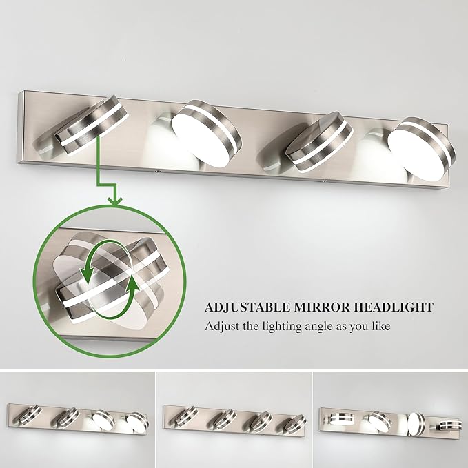 Brushed Nickel Vanity Lights for Bathroom, 4-Light Bathroom Light Fixtures Over Mirror, LED Dimmable Bath Lighting Fixture, Modern Wall Mounted Lighting Fixture